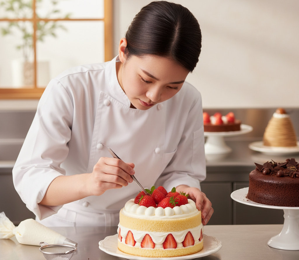 パティシエがケーキを仕上げている様子