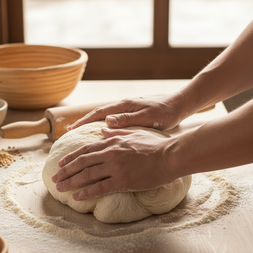 パン生地をこねる手